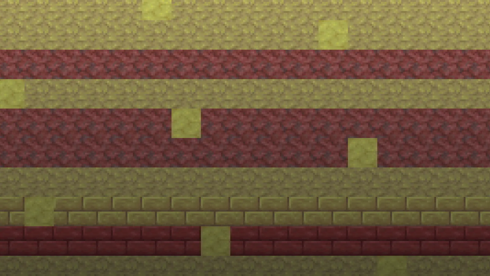Wand aus Schwefel- und Zinnoberblöcken in gelben und roten Bändern, gebaut aus den Originaltexturen von Minecraft 26.2