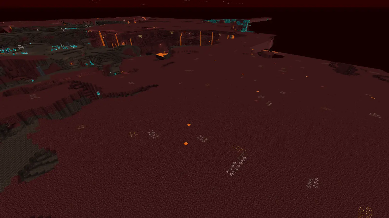 Nether-Landschaft mit Netherrack-Ebenen, Lava und türkisem Wirrwald am Rand