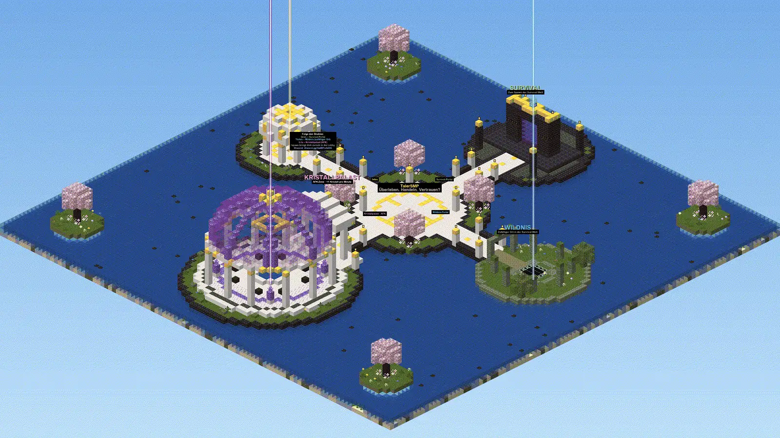Isometrische Ansicht der Lobby von TalerSMP mit Inseln im See und dem Kristallpalast